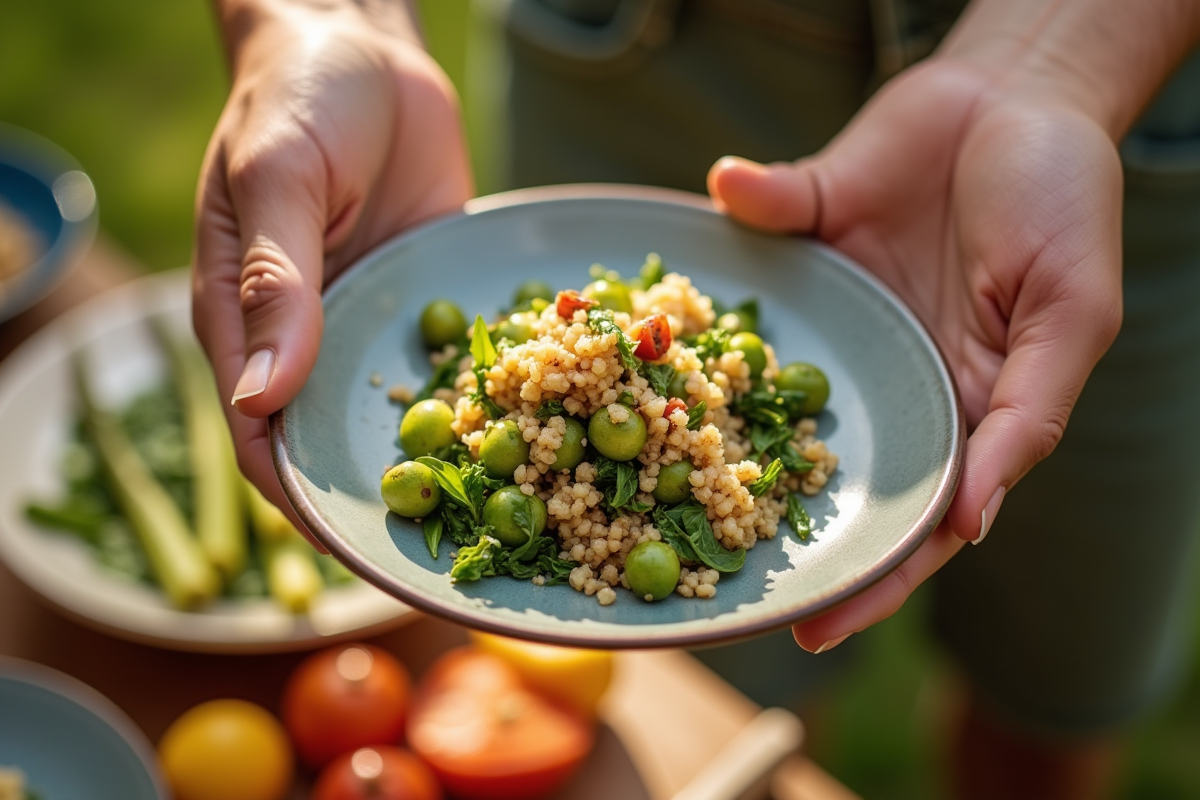 Mains servant une salade de quinoa et asperges grillées