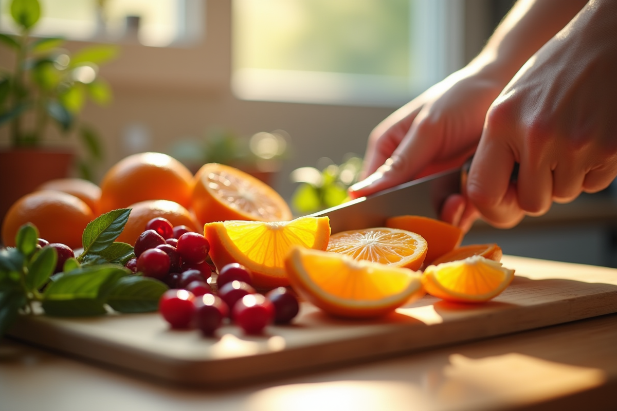 Couteau coupant des clémentines pour une salade de fruits fraîche
