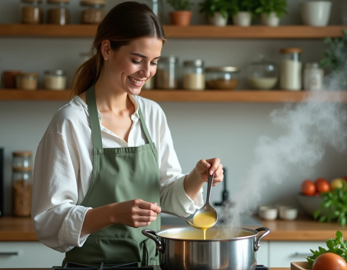 Femme préparant une soupe champagne maison en versant la soupe dans une casserole sur une cuisinière moderne