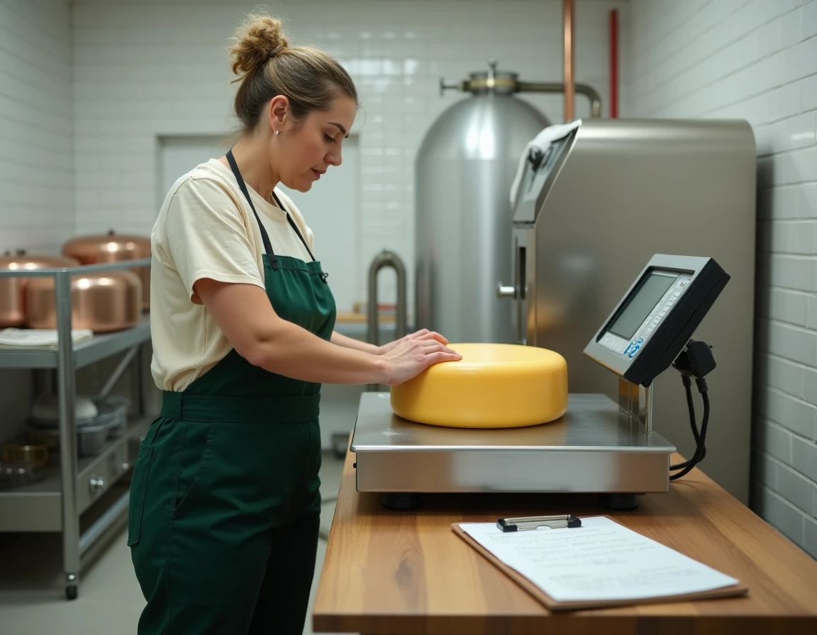 Productrice pesant une meule de Beaufort sur une balance professionnelle dans une fromagerie artisanale