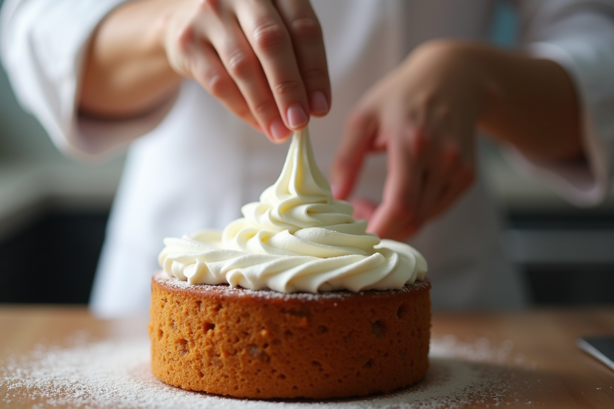 Pâtissier décorant un gâteau avec crème fouettée maison