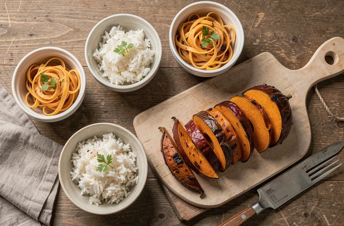 Quartiers de potimarron rôti à côté de bols de riz et de pâtes