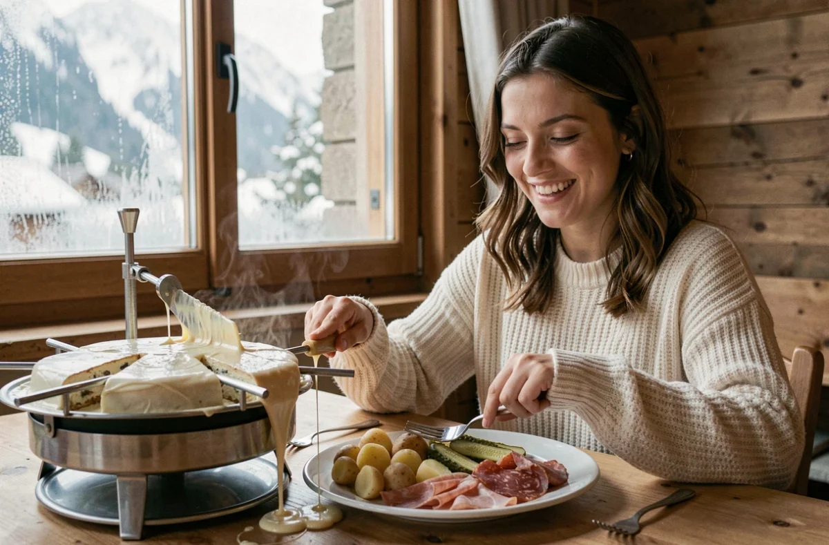 Jeune femme savourant une raclette traditionnelle dans un chalet à Annecy, faisant couler le fromage fondu sur des pommes de terre avec vue sur les Alpes enneigées