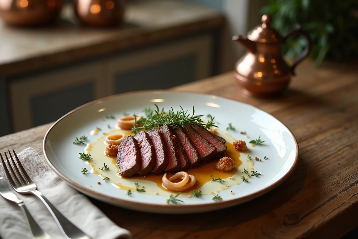 Assiette de bavette de bœuf poêlée aux échalotes caramélisées et thym frais sur une table en bois rustique
