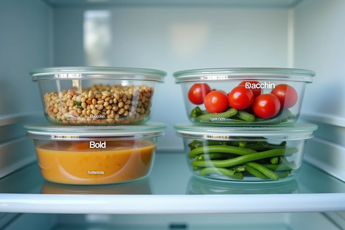 Réfrigérateur organisé avec quatre repas légers préparés en batch cooking pour la semaine