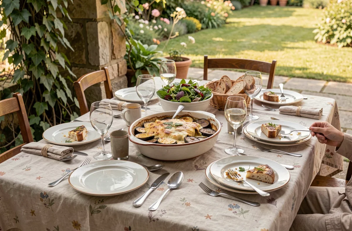 Table du dimanche en famille avec gratin d'aubergines au centre, salade et pain sur terrasse ensoleillée en plein air