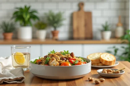 Repas équilibré du midi composé de quinoa, légumes rôtis, poulet grillé et noix sur une table en bois