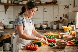 Femme préparant des repas sains et économiques avec des légumes et légumineuses dans une cuisine modeste