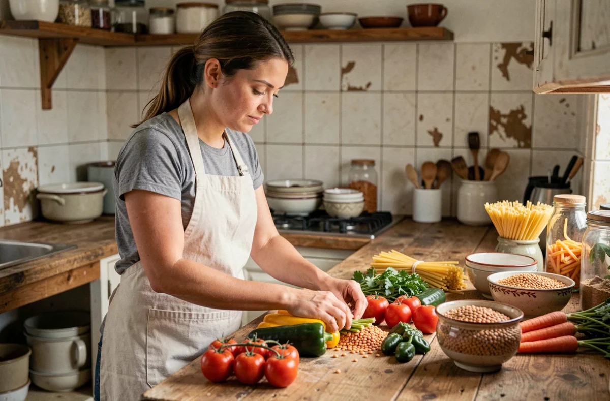 Femme préparant des repas sains et économiques avec des légumes et légumineuses dans une cuisine modeste