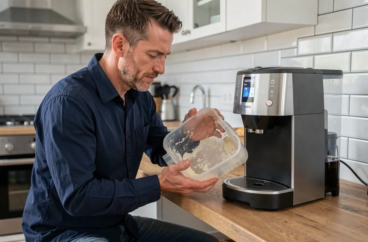 Homme inspectant le réservoir entartré d'une cafetière Tassimo Bosch retiré pour nettoyage