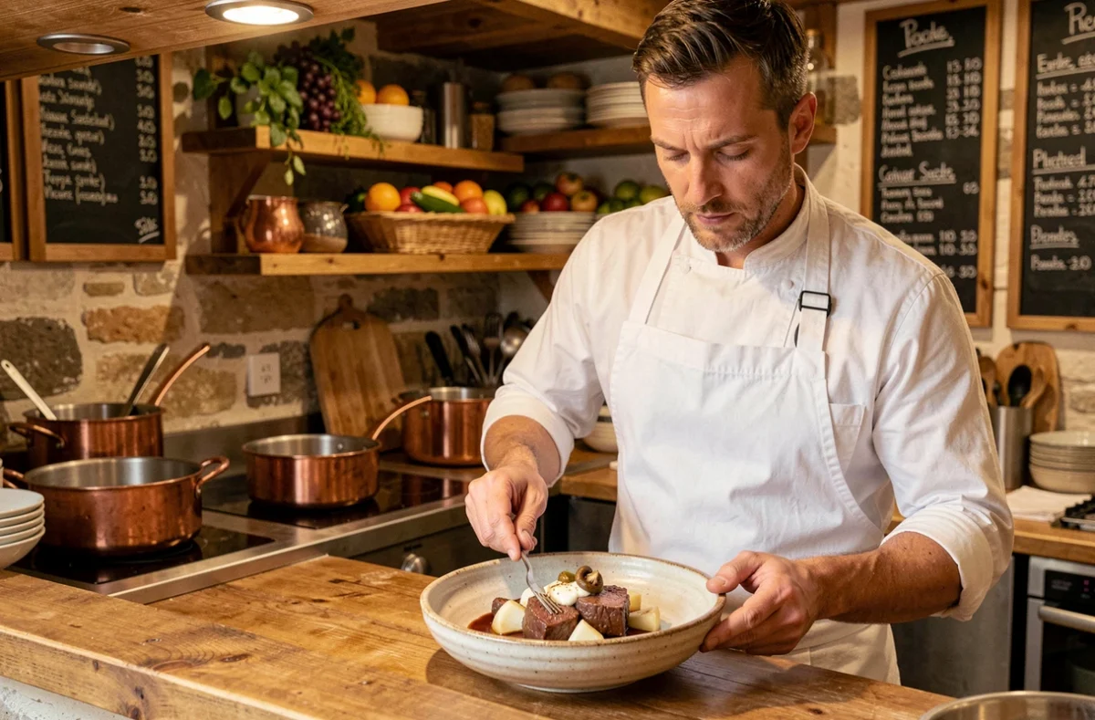 Chef dressant un plat de joue de bœuf braisée à la cuisine ouverte de L'Atelier du Goût à Vire Normandie