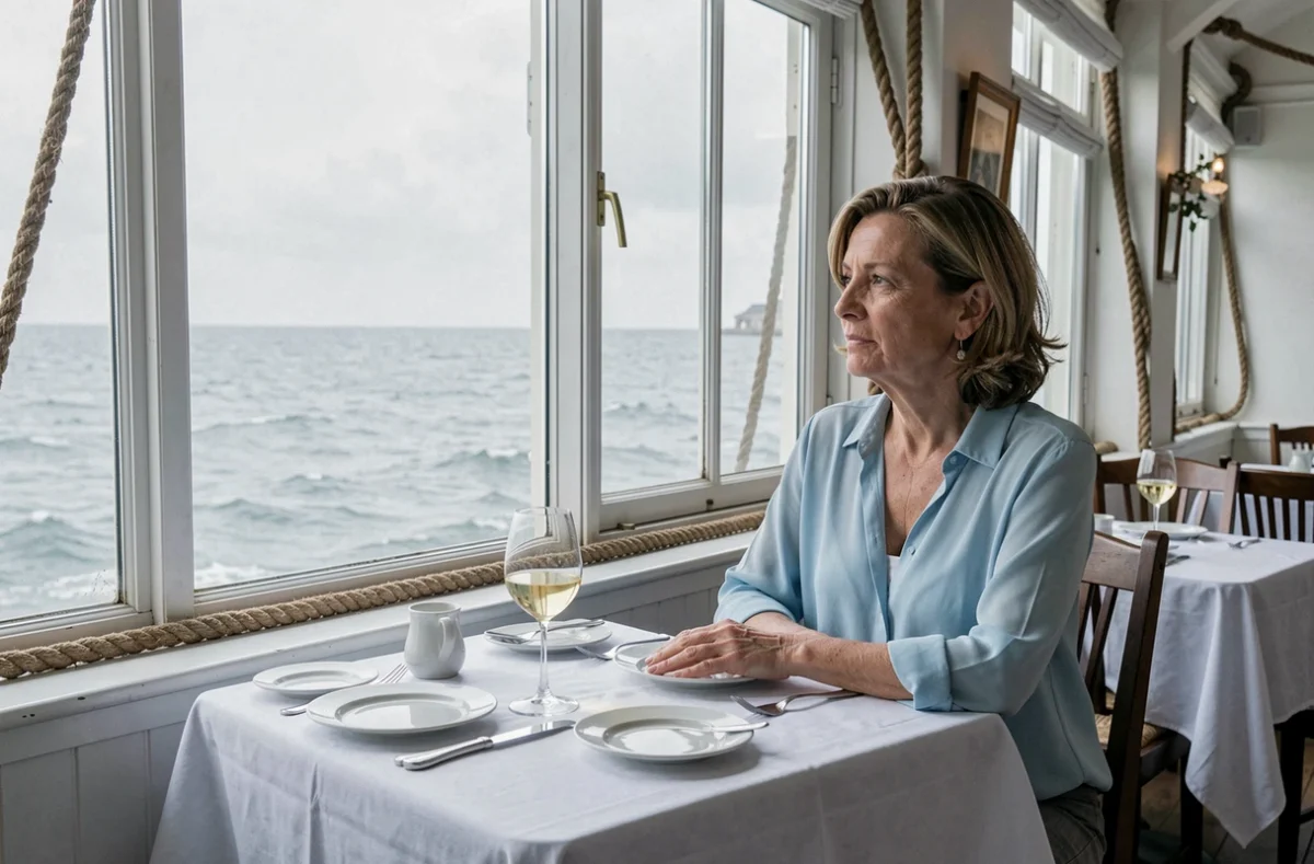 Femme attablée face à la mer dans un restaurant de cuisine française à Wimereux, vue sur la Manche