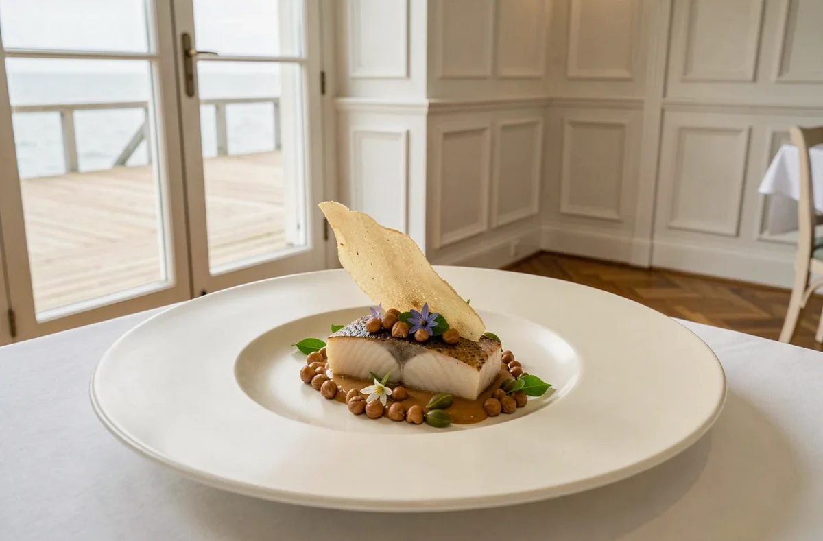 Filet de turbot au beurre noisette et tuile de pomme de terre sur assiette crème au restaurant L'Essentiel à Deauville