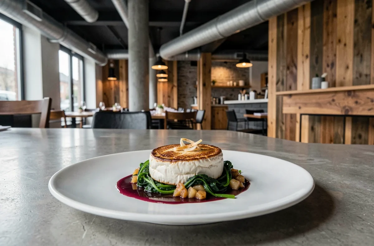 Médaillon de veau croûté au Camembert sur assiette blanche mate au restaurant Initial à Caen, décor contemporain en arrière-plan