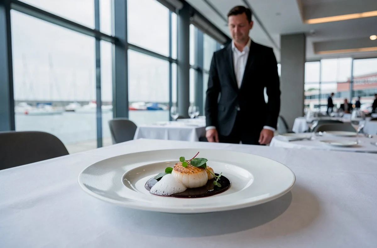 Assiette gastronomique raffinée au restaurant Jean-Luc Tartarin au Havre, avec coquille Saint-Jacques et émulsion délicate