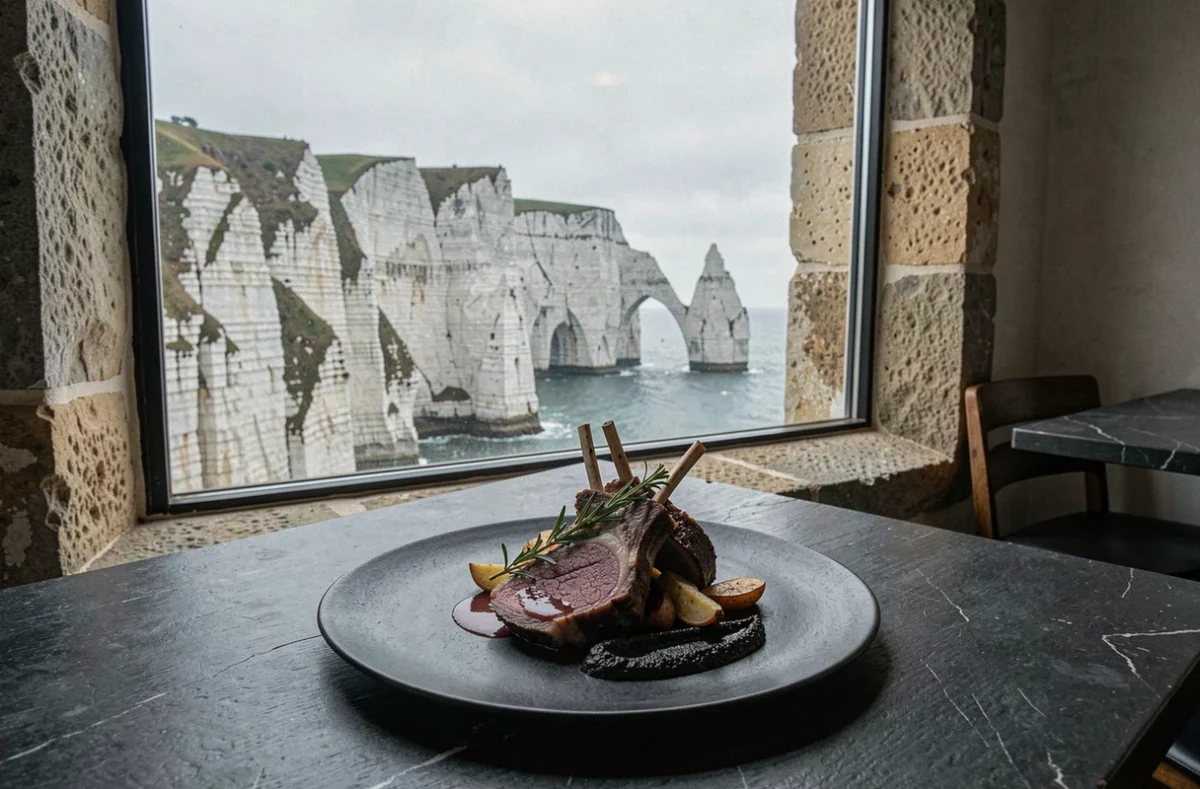 Carré d'agneau normand sur ardoise noire au Donjon du Domaine Saint-Clair à Étretat, avec les falaises en arrière-plan par la fenêtre