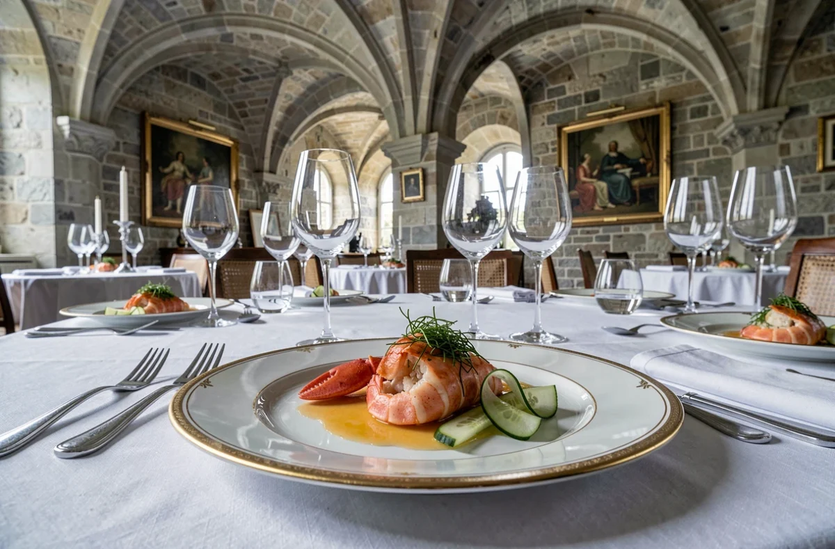 Langoustine normande sur china dorée dans la salle voûtée en pierre du restaurant Le Séran au Château d'Audrieu