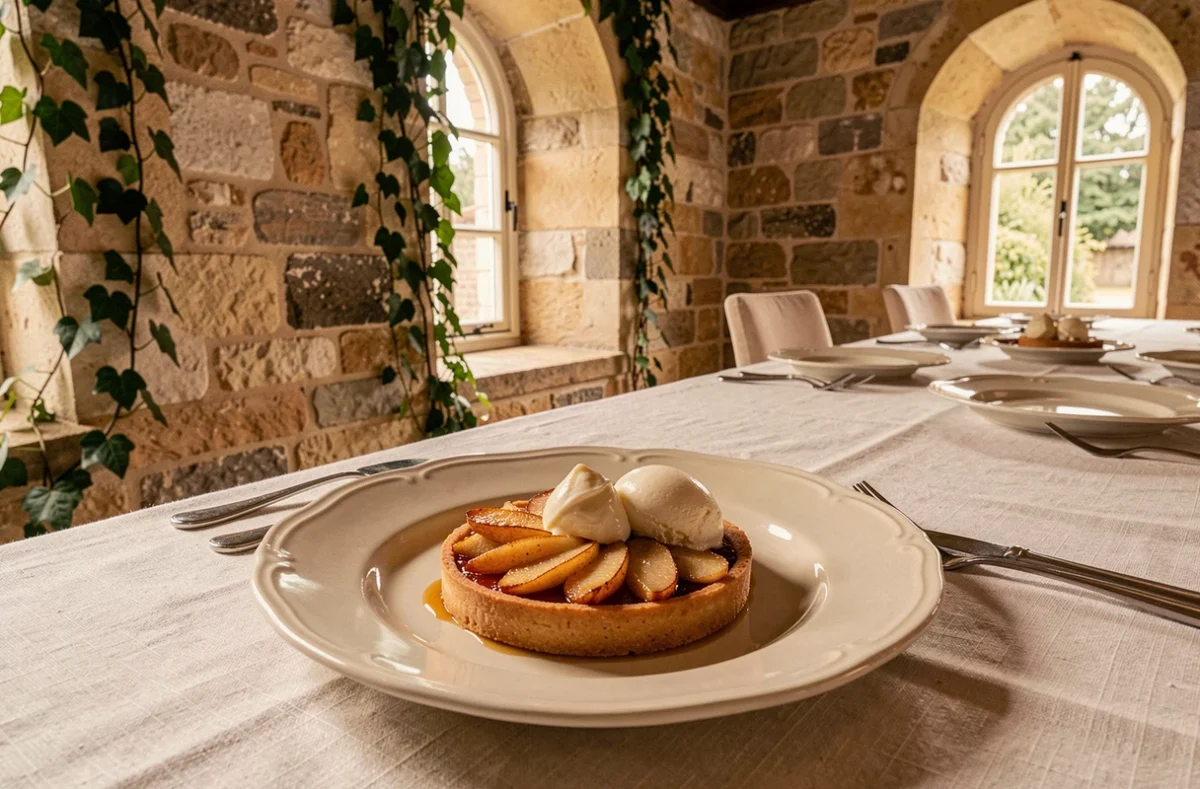 Dessert normand à base de tarte fine aux pommes et Calvados présenté sur porcelaine ancienne à La Maison Caillet à Valmont