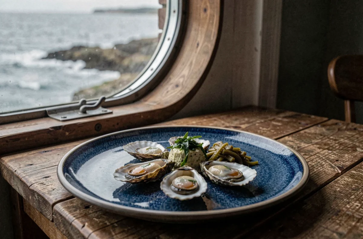 Huîtres en gelée et beurre d'algues sur céramique bleue au restaurant Marnage à Barneville-Carteret, reflets de la mer en arrière-plan