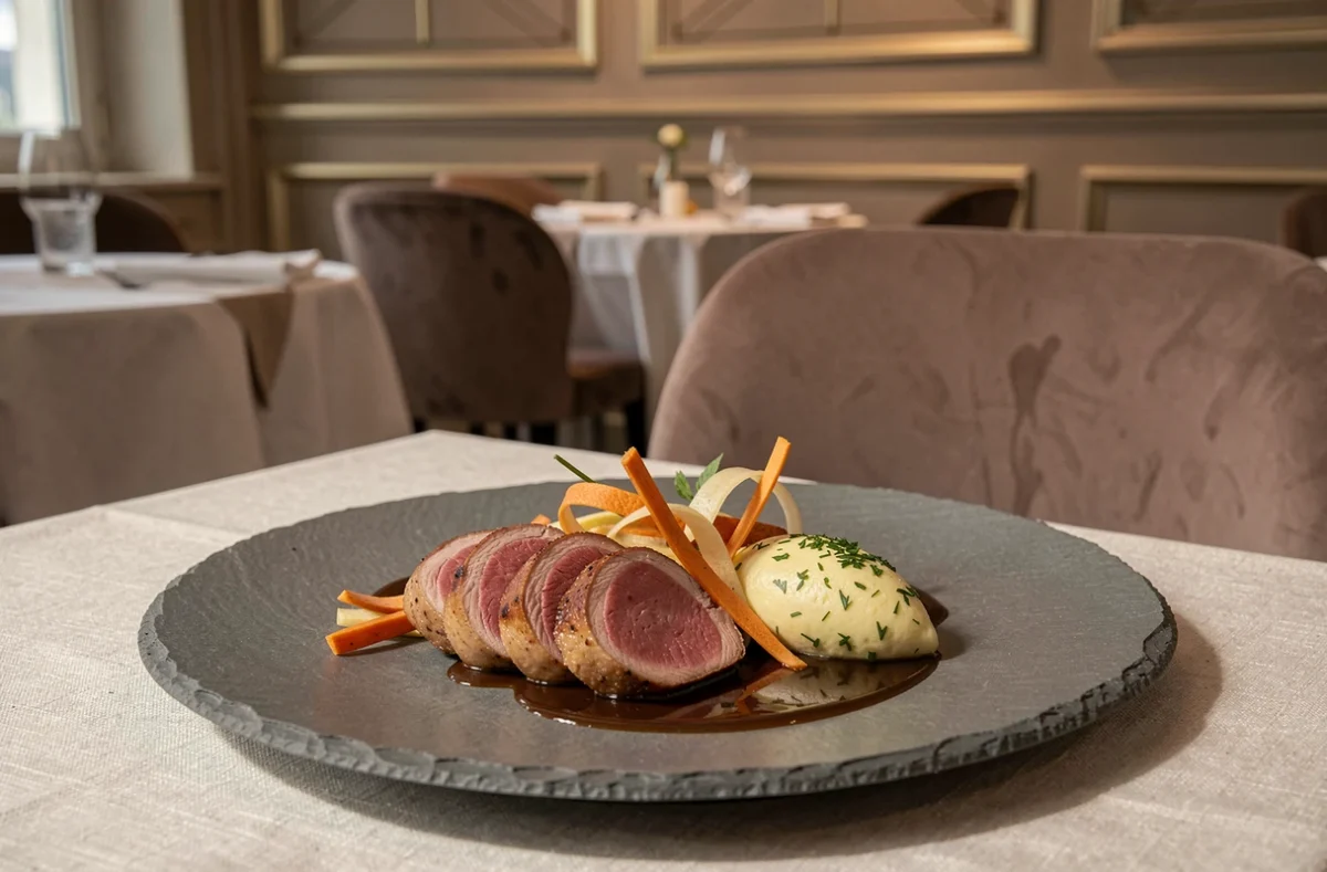 Assiette de canard normand finement dressée au restaurant Maximin Hellio à Deauville, dans un cadre élégant Art Déco