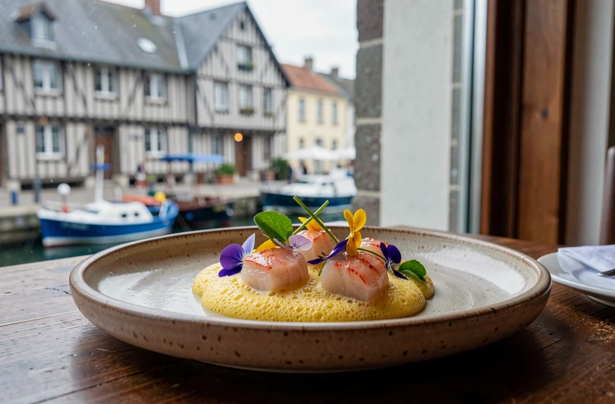 Plat de homard artistiquement dressé sur céramique artisanale au restaurant SaQuaNa à Honfleur, avec vue sur le Vieux Bassin en arrière-plan