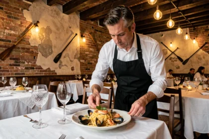 Intérieur d'un restaurant traditionnel vénitien près de la place Saint-Marc avec des pâtes aux fruits de mer servies par un serveur