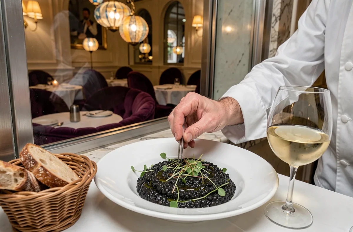 Risotto al nero di seppia élaboré servi dans un restaurant gastronomique vénitien près de la place Saint-Marc