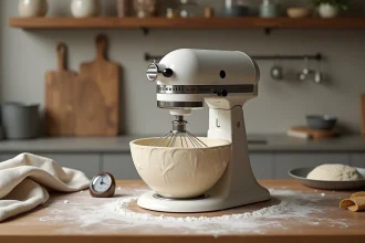 Robot pâtissier pétrissant une pâte à pain avec crochet pétrisseur sur un plan de travail en bois fariné