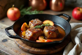 Rognon de veau au cidre et pommes caramélisées dans une poêle en fonte rustique, recette de saison