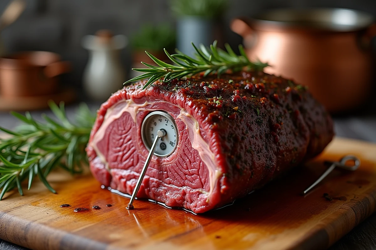 Rôti de boeuf de 1 kg doré avec thermomètre à viande sur planche en bois dans une cuisine rustique