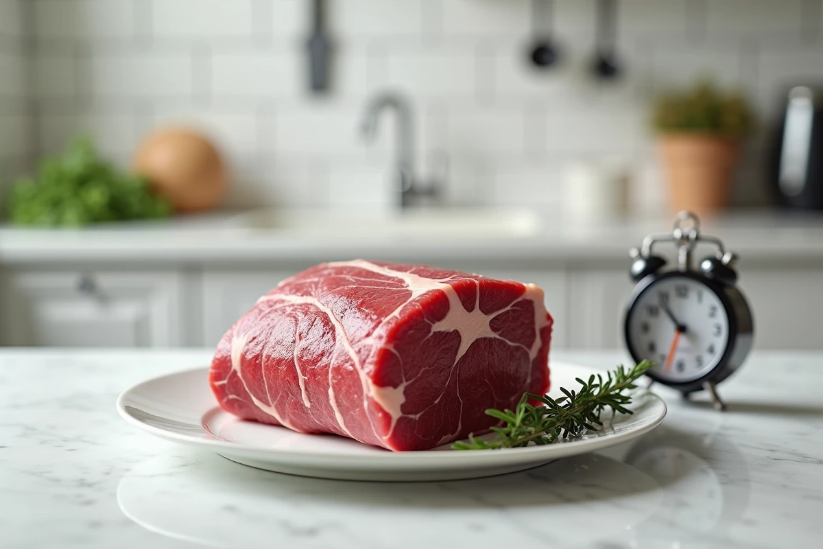 Rôti de boeuf cru de 1 kg à température ambiante sur comptoir en marbre avant la cuisson