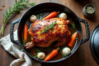 Rôti de porc doré dans une cocotte en fonte entourée de légumes et d'herbes pour le batch cooking