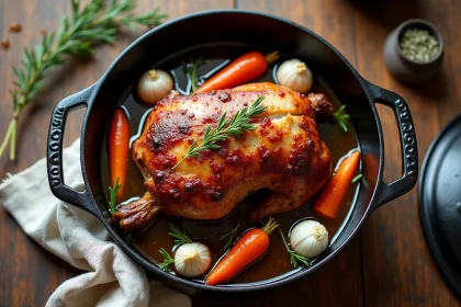 Rôti de porc doré dans une cocotte en fonte entourée de légumes et d'herbes pour le batch cooking