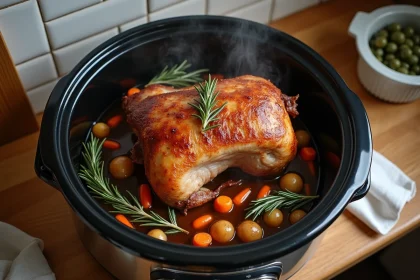 Rôti de porc doré dans un Cookeo ouvert avec carottes, oignons et romarin sur un plan de travail en bois