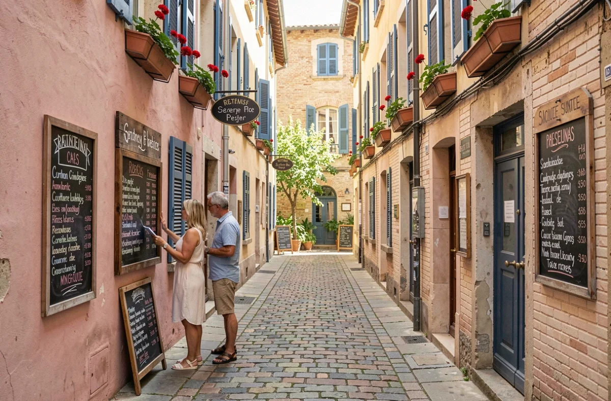 Ruelle pavée du centre de Toulouse avec deux adultes consultant une ardoise de menu devant un restaurant aux murs en brique rose