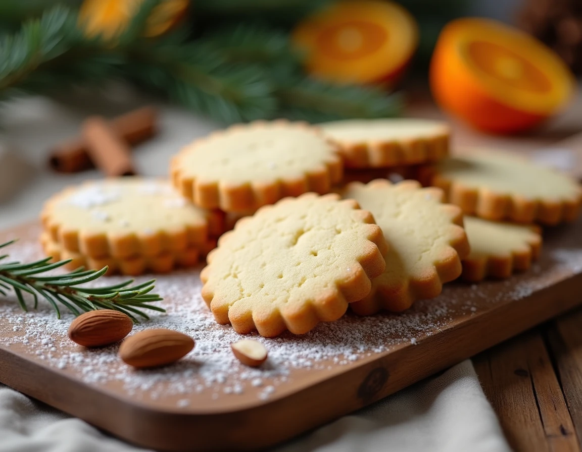 Sablés de Noël amande dorés et bien formés posés sur une planche en bois avec décoration de saison