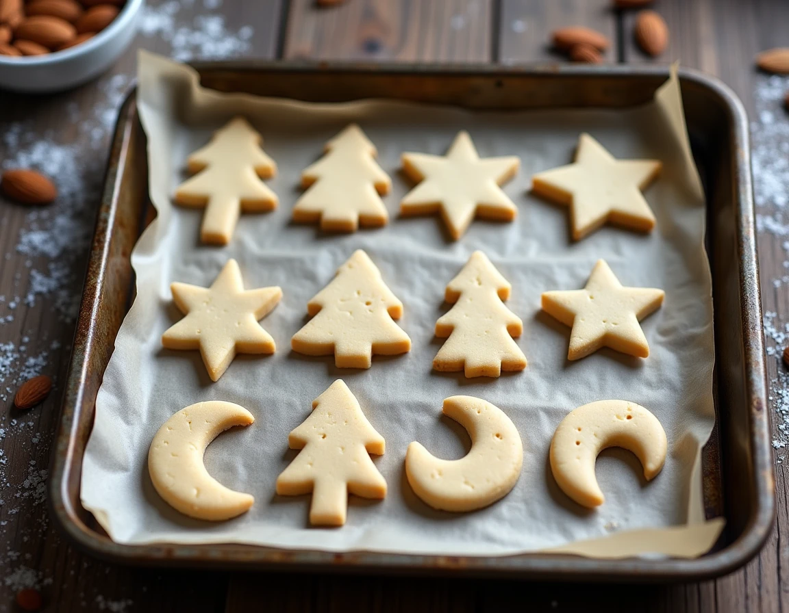 Plateau de sablés de Noël amande crus aux formes nettes prêts à enfourner sur papier cuisson