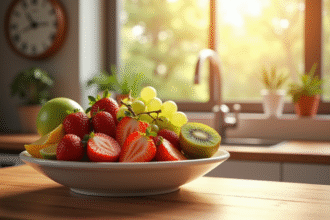Bol de fruits frais coupés sur une table en bois