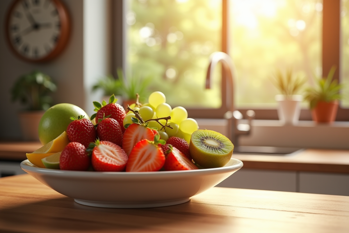 Bol de fruits frais coupés sur une table en bois
