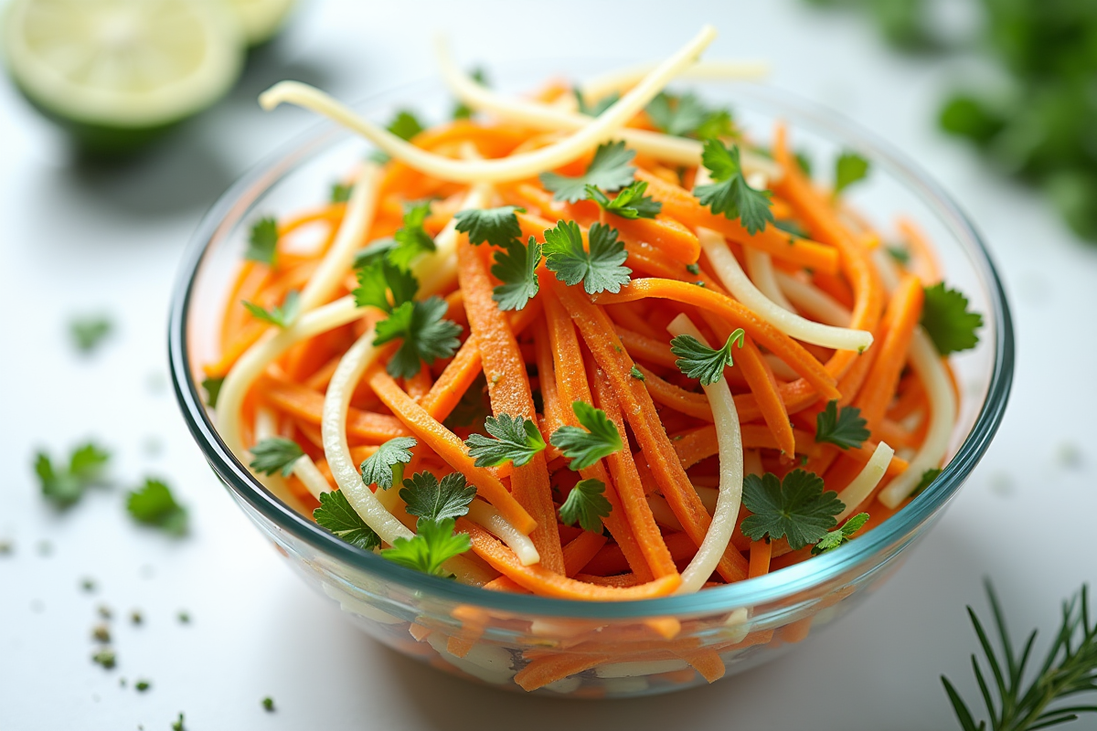 Salade colorée de jicama julienne et carottes dans un bol