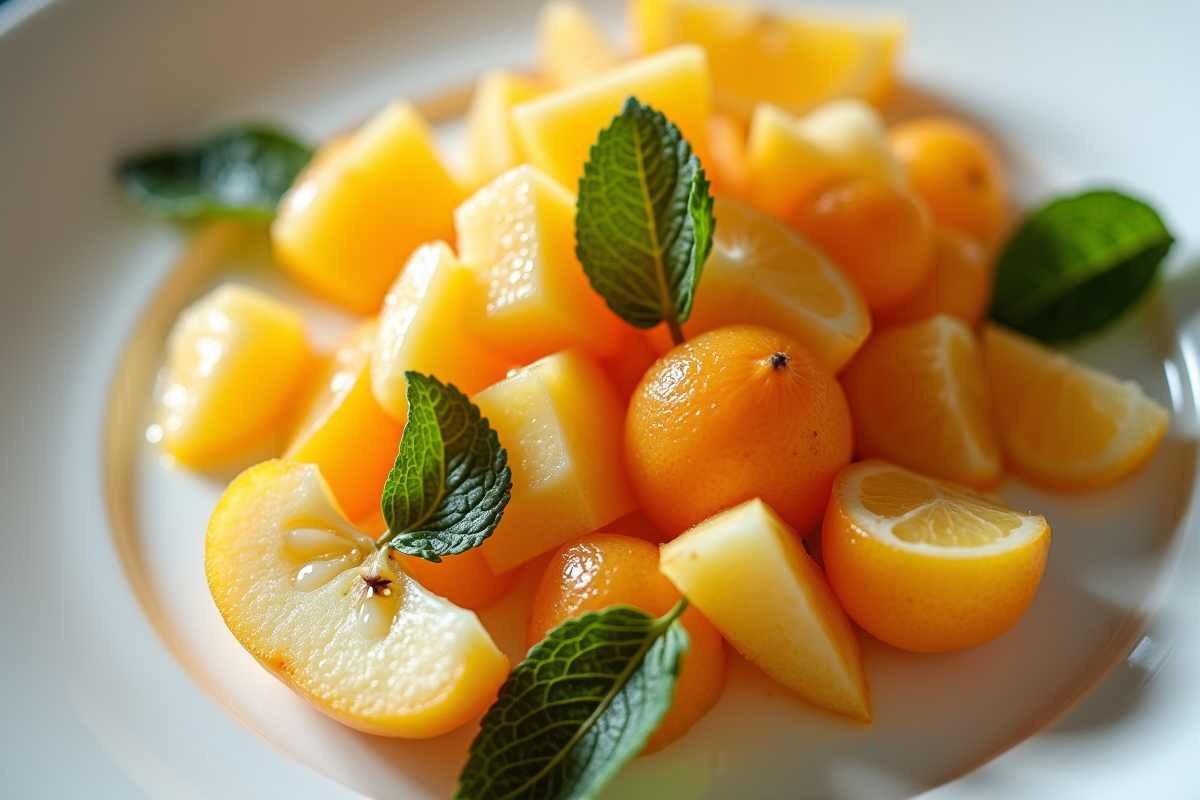 Salade de fruits avec quince, kumquats et menthe fraîche