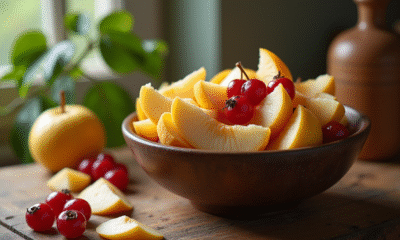 Salade de quince et myrtilles fraîches dans un bol rustique