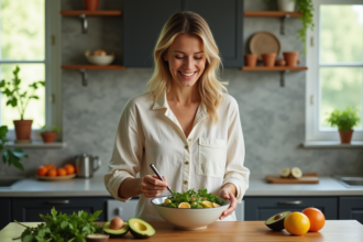 Femme souriante préparant une salade detox dans la cuisine