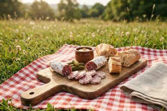 Plateau de saucisson sec et charcuterie sur une nappe à carreaux lors d'un pique-nique en plein air