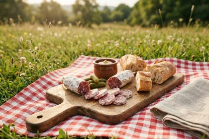 Plateau de saucisson sec et charcuterie sur une nappe à carreaux lors d'un pique-nique en plein air