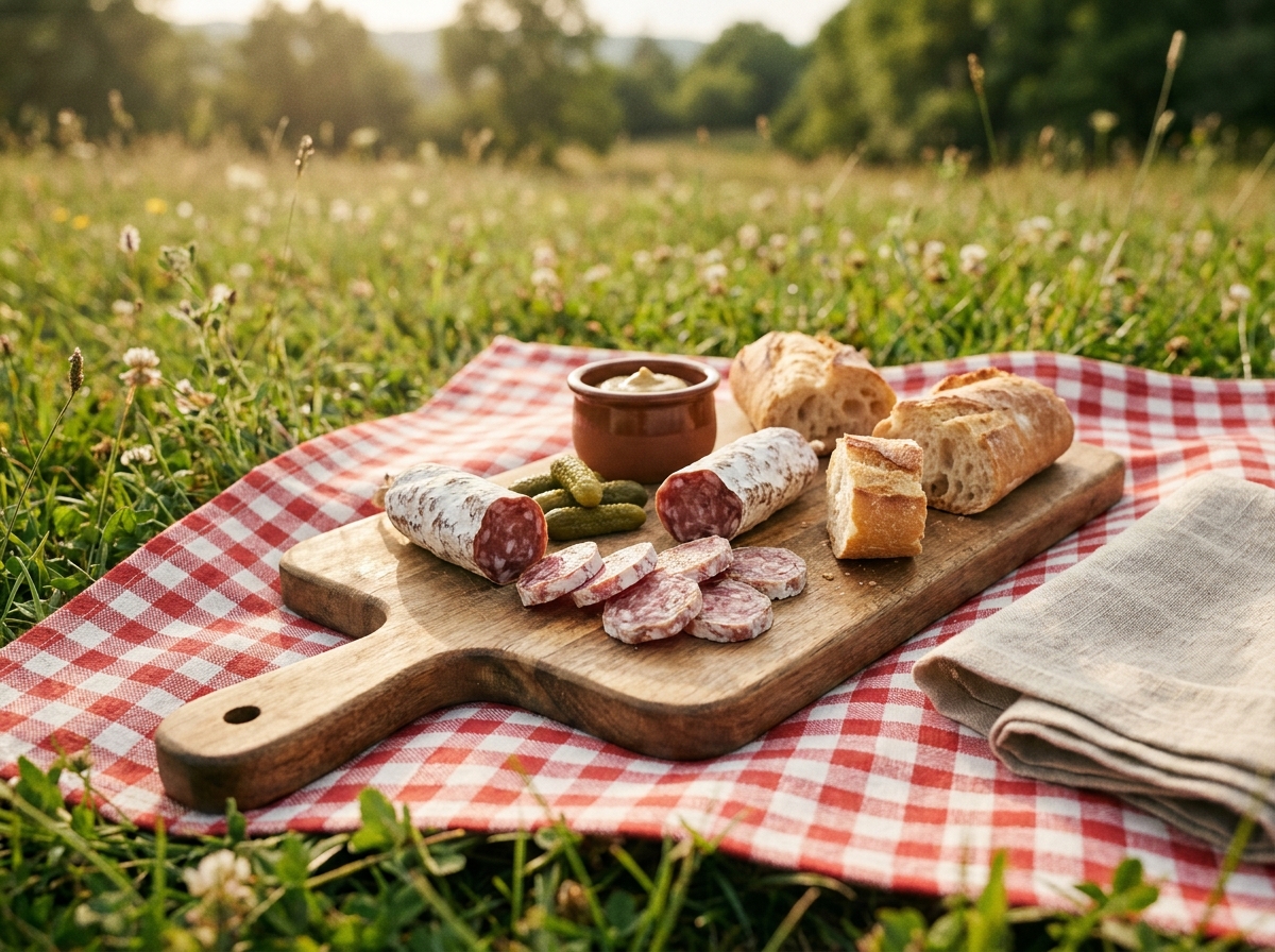 Plateau de saucisson sec et charcuterie sur une nappe à carreaux lors d'un pique-nique en plein air