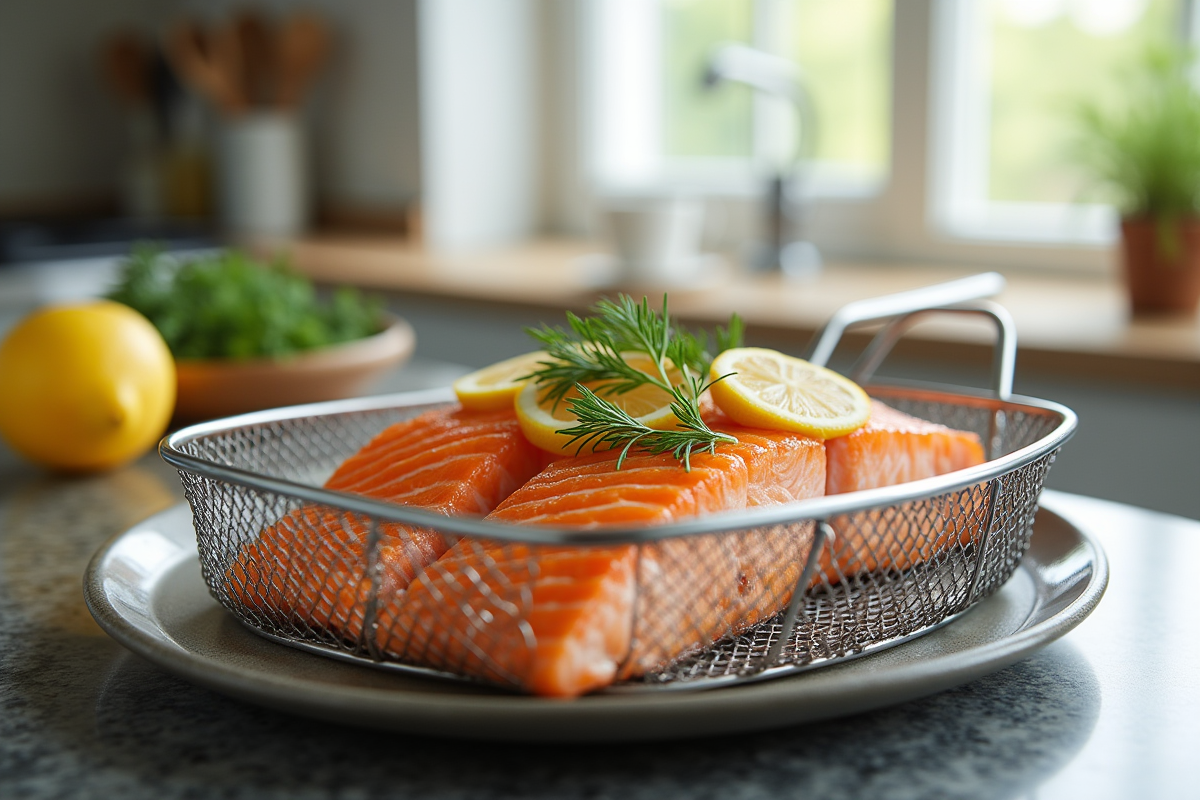 Filet de saumon cuit parfaitement dans une friteuse à air sur un plan de cuisine lumineux