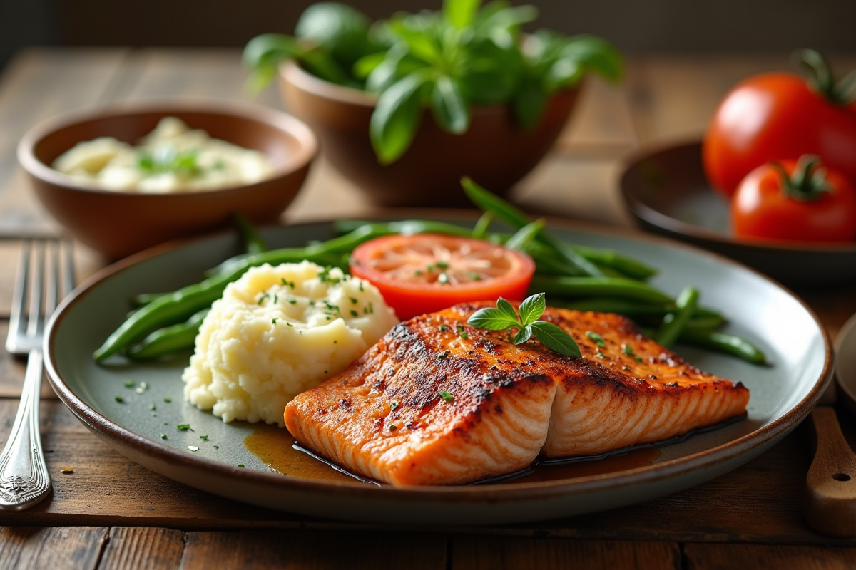 Saumon grillé avec purée et légumes colorés dans une ambiance chaleureuse