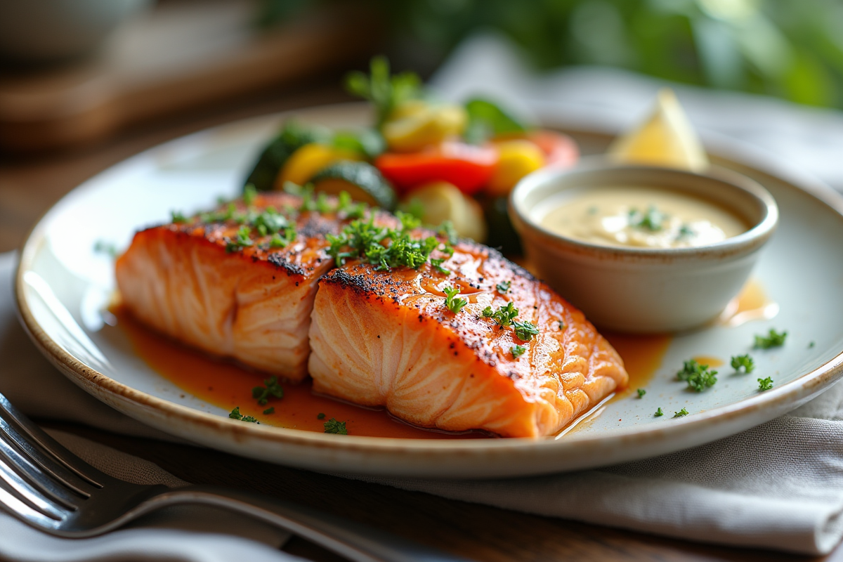 Saumon servi avec légumes rôtis et sauce crémeuse sur une table lumineuse