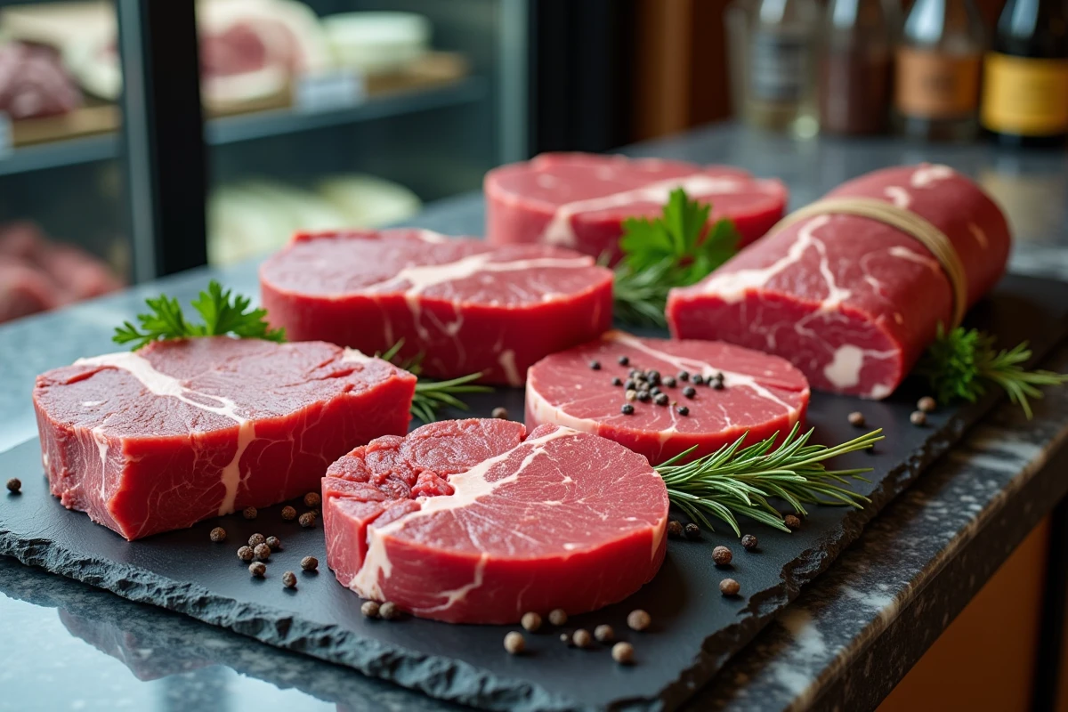 Sélection de belles pièces de bœuf crues arrangées sur une ardoise dans une boucherie artisanale, incluant côte de bœuf et filet mignon